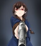  1girl blue_coat braid brown_hair coat from_below gun handgun holding holding_gun holding_weapon kantai_collection long_hair long_sleeves red_eyes single_braid solo souya_(kancolle) tk8d32 upper_body weapon 