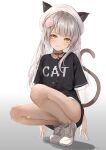  1girl :3 absurdres animal_ears bell beret black_shirt breasts cat_ears cat_tail collar dampi full_body hair_ornament hat highres jingle_bell light_blush light_smile long_hair original shirt shorts silver_hair small_breasts solo squatting tail very_long_hair white_shorts yellow_eyes 