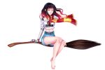  bare_legs bare_shoulders barefoot broom broom_riding cosplay epic_fail_project epica-chan erica_naito gryffindor harry_potter highres long_hair mechanical_arms mechanical_parts nimbus_2000 original redhead scarf toes witch 