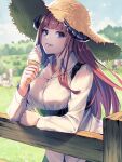 1girl arknights arm_up bagpipe_(arknights) bangs commentary_request cow farm fence food gloves green_eyes hair_between_eyes hat holding holding_food ice_cream long_hair long_sleeves looking_at_viewer open_mouth orange_hair outdoors shirt simple_background smile solo straw_hat tanagawa_makoto teeth tongue tongue_out upper_body white_shirt wooden_fence 