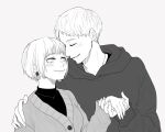  1boy 1girl black_hoodie black_shirt blush buttons closed_eyes couple earrings eyebrows eyelashes greyscale haikyuu!! hand_on_shoulder haru107ri hetero holding_hand hood hood_down hoodie jewelry long_sleeves looking_at_another monochrome necklace parted_lips shirt short_hair smile sweater tanaka_saeko_(haikyuu!!) tsukishima_akiteru 