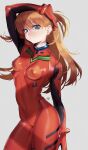  1girl absurdres arm_up bangs blue_eyes bodysuit breasts closed_mouth grey_background hair_between_eyes highres long_hair medium_breasts nanja neon_genesis_evangelion orange_hair plugsuit red_bodysuit shade signature simple_background solo souryuu_asuka_langley 