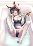  1girl animal_ear_fluff animal_ears azur_lane bathtub bell black_hair breasts cat_ears cat_mask cat_tail feet full_body highres large_breasts looking_at_viewer mask mask_on_head no_shoes one-piece_swimsuit paw_pose short_hair soles swimsuit tail thigh-highs violetshit water wet wet_clothes white_legwear yamashiro_(azur_lane) yamashiro_(summer_offensive?)_(azur_lane) 