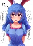  1girl animal_ears bangs blue_dress blue_hair blue_sleeves blush breasts dress eyebrows_visible_through_hair fusu_(a95101221) hair_between_eyes looking_at_viewer medium_breasts medium_hair open_mouth rabbit_ears red_eyes seiran_(touhou) short_sleeves short_twintails simple_background solo touhou twintails white_background 