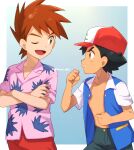  2boys ;d ash_ketchum bangs baseball_cap black_hair blue_jacket brown_eyes brown_hair buttons chitozen_(pri_zen) clenched_hands crossed_arms eye_contact gary_oak hat highres jacket looking_at_another male_focus multiple_boys one_eye_closed open_clothes open_jacket open_mouth parted_lips pink_shirt pokemon pokemon_(anime) pokemon_(classic_anime) red_headwear shirt short_hair short_sleeves smile spiky_hair tongue 