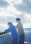  1boy 1girl balcony bangs black_hair blue_hoodie clouds cloudy_sky denim from_side green_jacket highres hood hoodie jacket jeans leaning_on_rail long_sleeves oomiya_io original outdoors pants railing short_hair sky water 