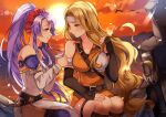  2girls absurdres bandages bangs belt belt_buckle blonde_hair blush brigid_(fire_emblem) buckle commission commissioner_upload dress elbow_gloves fingerless_gloves fire_emblem fire_emblem:_genealogy_of_the_holy_war gloves hairband headband highres jewelry long_hair looking_at_another low-tied_long_hair multiple_girls muneate ocean orange_dress outdoors ponytail purple_hair rock sitting smile sunset tailtiu_(fire_emblem) thigh_strap thighs very_long_hair violet_eyes wawatiku white_dress yellow_eyes 
