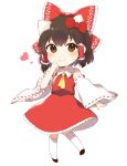  1girl absurdres animal_ears bangs bare_shoulders black_footwear bow brown_eyes brown_hair cat_ears chibi closed_mouth dress extra_ears eyebrows_visible_through_hair hair_between_eyes hair_tubes hakurei_reimu hand_on_own_face hand_up heart hello_kitty highres jill_07km long_sleeves red_bow red_dress shoes short_hair simple_background smile socks solo standing touhou white_background white_legwear white_sleeves yellow_neckwear 