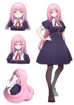  1girl alternate_costume bangs blush breasts eyebrows_visible_through_hair highres hololive hololive_english long_hair looking_at_viewer mikan_(chipstar182) mori_calliope multiple_views open_mouth pink_eyes pink_hair simple_background smile solo virtual_youtuber white_background 