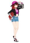  1980s_(style) backwards_hat bare_legs choker cosplay epic_fail_project epica-chan erica_naito hat highres long_hair mechanical_arms mechanical_parts original redhead retro_artstyle shorts single_mechanical_arm 