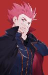  1boy black_cloak blue_jacket bright_pupils cloak closed_mouth commentary_request eyelashes hand_up highres jacket john_(user_wmrz3824) lance_(pokemon) long_sleeves male_focus pink_hair pokemon pokemon_(game) pokemon_hgss popped_collar red_background short_hair simple_background smile solo spiky_hair upper_body white_pupils 