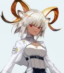  1girl animal_ears arknights black_skirt breasts carnelian_(arknights) commentary cropped_jacket extra_ears goat_ears goat_girl goat_horns highres horns jacket looking_at_viewer medium_breasts open_mouth red_eyes shirt short_hair simple_background skirt solo spacelongcat upper_body white_background white_hair white_jacket white_shirt 