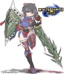  1girl armor black_hair breasts gloves headband japanese_clothes kamura_(armor) large_breasts monster_hunter_(series) monster_hunter_rise pauldrons shield short_hair shoulder_armor simple_background sword thigh-highs weapon yazawa_owl 