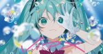  1girl album_name bangs bass_clef beamed_sixteenth_notes blue_background blue_eyes blue_hair blurry blurry_background blush bow bubble commentary eighth_note gloves hair_ornament hatsune_miku highres long_hair looking_at_viewer musical_note musical_note_hair_ornament ok_sign_over_eye omutatsu red_bow smile solo twintails upper_body vocaloid white_gloves 