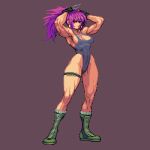  1girl arms_behind_head arms_up bangs biceps boots brown_gloves closed_mouth combat_boots commentary earrings english_commentary fighting_stance gloves jewelry leona_heidern looking_at_viewer muscular muscular_female omegachaino one-piece_swimsuit orochi_leona pixel_art ponytail red_eyes redhead simple_background snk solo standing swimsuit the_king_of_fighters thigh_strap thighs toned tying_hair 