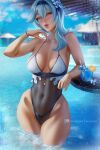  1girl blue_hair blush bracelet breasts breasts_apart day eula_lawrence facing_viewer food fruit genshin_impact glass hair_between_eyes highleg highleg_swimsuit ice ice_cube jewelry large_breasts lemon lemon_slice lips long_hair navel necklace olchas one-piece_swimsuit outdoors parted_lips pool see-through solo standing sweat swimsuit table violet_eyes water watermark 
