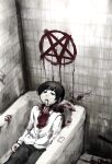  1boy absurdres bangs bathtub bibitto_(kemushima3) black_eyes black_hair blood blood_splatter blood_writing bloody_clothes bloody_handprints commentary_request cowboy_shot death drooling_blood guro highres male_focus open_mouth original pentagram shirt short_hair solo suicide white_shirt 