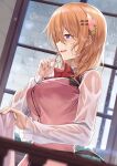  bangs blush bow bowtie breasts collarbone eyebrows_visible_through_hair from_side gochuumon_wa_usagi_desu_ka? hair_ornament hairclip highres hoto_cocoa indoors ks_(xephyrks) large_breasts long_sleeves medium_hair orange_hair parted_lips rain red_neckwear red_vest see-through shirt smile upper_body vest violet_eyes wet wet_clothes white_shirt 