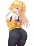  1girl ass bike_shorts blonde_hair breasts food from_behind gyaru highres holding holding_food idolmaster idolmaster_cinderella_girls jougasaki_rika kogal kuavera long_hair looking_at_viewer looking_back medium_breasts popsicle shiny shiny_hair shiny_skin simple_background solo sports_bra standing tongue tongue_out two_side_up white_background 