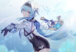  1girl 444u blue_hair cape eula_lawrence genshin_impact gloves hairband half-closed_eyes highres holding holding_sword holding_weapon leotard long_sleeves solo sword vambraces weapon 