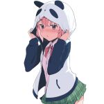  1girl animal_ears animal_hood blush fake_animal_ears green_skirt hood hood_up hooded_jacket jacket medium_hair miniskirt nijisanji panda_ears panda_hood pink_eyes pink_hair pink_shirt plaid plaid_skirt popup sasaki_saku shirt skirt solo upper_body virtual_youtuber 