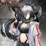  1girl animal_ears arknights arrow_(projectile) bangs black_scarf breasts cat_ears commentary_request crop_top grey_background hair_over_one_eye highres holding holding_weapon jacket long_hair long_sleeves medium_breasts midriff muang_(muang_vrc) navel open_clothes open_jacket quiver scarf schwarz_(arknights) silver_hair solo stomach trigger_discipline upper_body very_long_hair weapon white_jacket yellow_eyes 