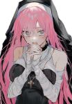  1girl @_@ absurdres bandaged_arm bandages bare_shoulders black_headwear breasts cross cross_necklace crying crying_with_eyes_open fangs grey_eyes habit hands_clasped hands_up highres jewelry large_breasts long_hair looking_at_viewer necklace nun open_mouth original own_hands_together pink_hair simple_background solo suechiee sweat tears upper_body upper_teeth watermark white_background 