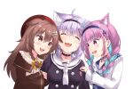  3girls angry animal_ears arm_hug blush brown_hair closed_eyes dog_ears eye_contact fighting highres hikarin0502 hololive inugami_korone jealous looking_at_another minato_aqua multiple_girls nekomata_okayu purple_hair simple_background sweatdrop upper_body virtual_youtuber white_background 