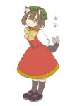  1girl :3 animal_ear_fluff animal_ears arms_behind_back bow bowtie brown_eyes brown_hair cat_ears cat_tail chen citrus_(place) dress full_body gold_trim hat highres jewelry leaning_forward looking_at_viewer mob_cap multiple_tails nekomata paw_print red_dress short_hair single_earring solo standing tail touhou two_tails yellow_neckwear 