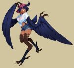  1girl ahoge artist_name backwards_hat bandage_on_face bandages bangs baseball_cap bird_legs bird_tail black_feathers black_hair black_legwear bra brown_background claws commentary dark-skinned_female dark_skin denim denim_shorts english_commentary eyebrows_visible_through_hair feathered_wings feathers harpy hat highres midriff monster_girl one_eye_closed original pink_bra pink_eyes pink_headwear see-through shirt short_hair short_shorts short_sleeves shorts simple_background socks solo symbol_commentary tail tail_feathers talons tied_shirt toeless_legwear tongue tongue_out underwear white_shirt winged_arms wings zambiie 