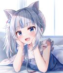 1girl :d animal_ear_fluff animal_ears bangs blue_dress blue_eyes blue_hair blunt_bangs blush cat_ears commentary_request dress eyebrows_visible_through_hair gawr_gura hands_on_own_cheeks hands_on_own_face head_rest highres hololive indoors long_hair looking_at_viewer lying multicolored_hair on_stomach open_mouth sharp_teeth shishou_(doragyurosu) side_ponytail smile solo streaked_hair teeth under_covers virtual_youtuber white_hair window 
