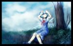  1girl arms_up bangs bare_tree bibitto_(kemushima3) black_border blue_dress blue_eyes blue_footwear blue_hair border bow cirno clouds cloudy_sky commentary day dress eyebrows_visible_through_hair foot_out_of_frame grass hair_between_eyes hair_bow ice ice_wings mary_janes open_mouth outdoors pinafore_dress puffy_short_sleeves puffy_sleeves red_ribbon ribbon shirt shoes short_hair short_sleeves sky socks solo touhou tree white_legwear white_shirt wing_collar wings 
