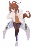  1girl agnes_tachyon_(umamusume) ahoge akagashi_hagane animal_ears brown_hair brown_legwear commentary_request eyebrows_visible_through_hair full_body hair_between_eyes horse_ears horse_girl horse_tail labcoat looking_at_viewer pantyhose red_eyes short_hair simple_background sleeves_past_fingers sleeves_past_wrists smile solo standing tail umamusume white_background 