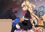  2girls akai_haato blonde_hair blue_eyes blue_skirt blush eyebrows_visible_through_hair haaton_(akai_haato) hair_ribbon highres hinghoi hololive long_hair multiple_girls open_mouth red_ribbon ribbon skirt speaker upper_teeth virtual_youtuber 