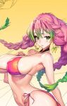  arched_back arm_rest bare_shoulders bikini breasts curvy earrings green_eyes green_hair hand_on_own_chest highres jewelry kanroji_mitsuri kimetsu_no_yaiba large_breasts looking_at_viewer mole mole_under_eye navel nervous parted_lips pink_hair punc_p red_bikini side-tie_bikini sideboob swimsuit twintails under_boob 