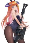  1girl :d alternate_costume arknights bagpipe_(arknights) bangs bare_arms bare_shoulders black_leotard blush breasts brown_legwear bunny_tail commentary_request cowboy_shot eyebrows_visible_through_hair fake_tail horns lance large_breasts leotard long_hair looking_at_viewer open_mouth orange_hair pantyhose playboy_bunny polearm simple_background smile solo standing strapless strapless_leotard tail thighs very_long_hair violet_eyes weapon white_background yuzuruka_(bougainvillea) 