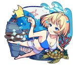  1girl air_bubble bangle bare_legs barefoot belly_chain bikini bikini_top blonde_hair blue_eyes blue_nails bracelet breath bubble coral earrings fish freediving highres holding_breath jewelry manta_ray nail_polish ocean official_style original school_of_fish sea_turtle shorts smile swimsuit turtle underwater 
