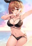  1girl armpits atelier_(series) atelier_ryza bangs bikini black_bikini black_bow blurry blurry_background blush bow braid braided_bangs breasts brown_eyes brown_hair commentary_request eyebrows_visible_through_hair hair_between_eyes hair_bow hair_ornament highres key_necklace large_breasts light_particles looking_at_viewer navel ocean open_mouth oryou outstretched_arm reisalin_stout short_hair solo swept_bangs swimsuit 