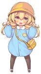  1girl 3: absurdres bag black_legwear blonde_hair blue_dress blush brown_legwear bunching_hair child copyright_request d: dress eyebrows_visible_through_hair full_body hair_between_eyes hat highres kindergarten_bag kindergarten_uniform kupuru_(hirumamiyuu) long_hair looking_at_viewer name_tag open_mouth pantyhose school_hat shoes shoulder_bag simple_background solo sweat sweatdrop trembling very_long_hair white_background yellow_eyes 