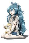  1girl :3 bangle bangs barefoot blue_bow blue_eyes blue_hair blue_skirt blush bow bracelet commentary_request debt dog doge full_body grey_hoodie hair_between_eyes hair_bow highres hood hoodie jewelry long_hair looking_at_viewer meme nekobatake open_mouth seiza shiba_inu shiny shiny_hair short_sleeves simple_background sitting skirt stuffed_animal stuffed_cat stuffed_toy touhou very_long_hair white_background yorigami_shion 