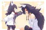  2girls :d ^_^ absurdres animal_ear_fluff animal_ears bare_shoulders black_hair black_hoodie black_legwear breasts child choker closed_eyes comforting dual_persona fang hand_on_another&#039;s_head headpat highres hololive hood hood_down hoodie long_hair long_sleeves multicolored_hair multiple_girls ookami_mio open_mouth pantyhose redhead shirt short_shorts shorts sitting skin_fang smile tail tears two-tone_hoodie very_long_hair virtual_youtuber wappa white_hair white_hoodie white_shirt wolf_ears wolf_girl wolf_tail younger 