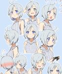  +_+ 1girl antenna_hair blue_eyes breasts closed_eyes collared_shirt controller dennou_shoujo_youtuber_siro game_controller highres medium_breasts multiple_views open_mouth plaid plaid_shirt popup shirt silver_hair siro_(dennou_shoujo_youtuber_siro) sleeveless sleeveless_shirt smile sweat virtual_youtuber 