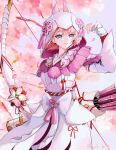  1girl absurdres armor artist_request bare_shoulders breasts cherry_blossoms detached_sleeves fox_mask highres holding holding_weapon hood japanese_clothes looking_at_viewer mask mizutsune_(armor) monster_hunter_(series) monster_hunter_rise parted_lips short_hair simple_background solo thigh-highs weapon 