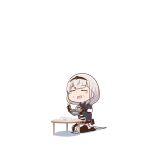 1girl blush_stickers chibi chopsticks closed_eyes commentary_request food food_on_face full_body grey_hair hairband hololive open_mouth pelvic_curtain popup seiza shirogane_noel sitting smile solo table thigh-highs virtual_youtuber 