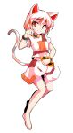  1girl alphes_(style) animal_ears bangs barefoot bell cat_ears cat_tail closed_mouth dairi eyebrows_visible_through_hair goutokuji_mike hair_between_eyes hand_up multicolored multicolored_clothes multicolored_skirt neck_bell orange_eyes parody shirt short_hair simple_background skirt smile solo standing style_parody t-shirt tachi-e tail touhou unconnected_marketeers white_background white_hair 