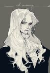  1boy castlevania colored_skin cravat dracula_(castlevania) fangs fangs_out grey_background long_hair looking_at_viewer male_focus pigeon666 scar_on_mouth signature solo upper_body white_hair white_skin yellow_eyes 