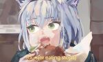  1girl absurdres animal_ears artist_name burger eating english_text eyebrows_visible_through_hair fang food food_on_face fox_ears green_eyes hair_between_eyes highres hololive jazz_music_stops looking_to_the_side meme open_mouth samu_(7643109) shirakami_fubuki solo twitter_username virtual_youtuber white_hair 