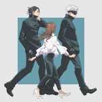  1girl 2boys arm_up black_blindfold black_footwear black_hair black_jacket black_pants blindfold blue_background brown_hair closed_mouth covered_eyes ear_piercing facing_away full_body getou_suguru gojou_satoru hair_bun hair_pulled_back hand_in_pocket hand_on_own_neck hands_in_pockets high_heels highres ieiri_shoko jacket jujutsu_kaisen k_ysd001 long_hair long_sleeves looking_away multiple_boys pants piercing profile shirt shoes smile standing two-tone_background walking white_background white_footwear white_hair white_shirt 