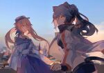  2girls absurdres animal_ears arknights cat_ears cat_tail ceylon_(arknights) city cityscape clouds dress eight-b evening gloves green_hair hat highres long_hair looking_at_viewer multiple_girls orange_eyes pink_hair ponytail ribbon schwarz_(arknights) shorts sky tail yellow_eyes 
