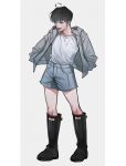  1boy 26_(_godorise) ahoge bishounen black_footwear black_hair boots denim denim_shorts grey_jacket hands_in_pockets highres jacket knee_boots looking_down open_clothes open_jacket original rubber_boots shirt shirt_tucked_in short_hair shorts smile solo white_shirt 